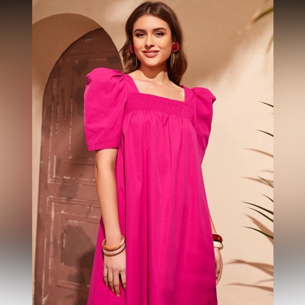 Elegant Pink Puff Sleeve Dress